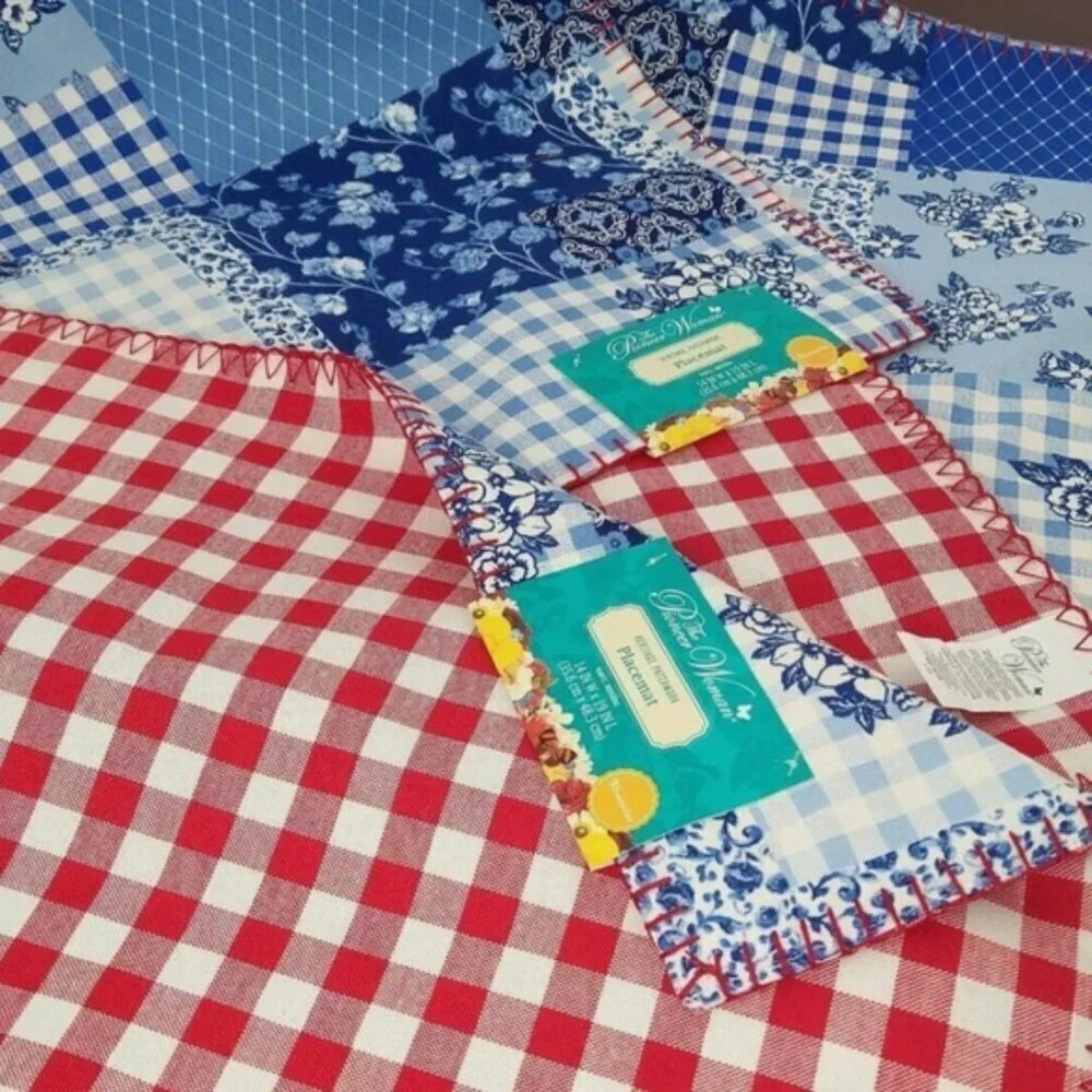 Pioneer Woman Heritage Patchwork Cotton Placemat Reversible Plaid Blue Red 4 PC